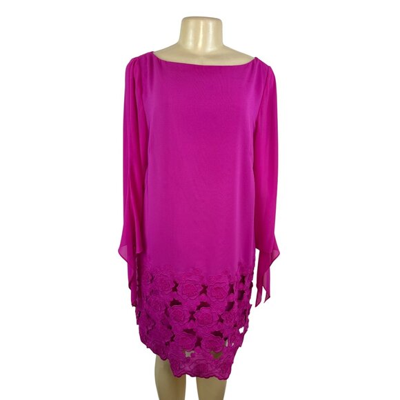 Tahari Women’s Pink Floral Lace Hem Shift Dress With Long Sleeves Sz 10 - Picture 1 of 9